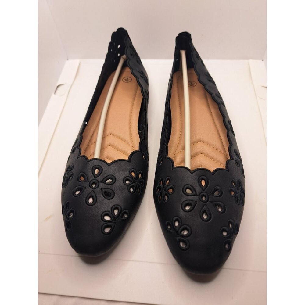 Ballet Flats 6301 N Black Floral Slip On Shoes‎ Synthetic Womens 9 New